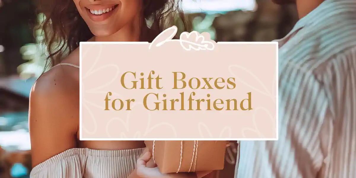 A smiling woman accepting a beautifully wrapped gift box from her partner. Fabulous Flowers and Gifts - Gift Boxes for Girlfriend