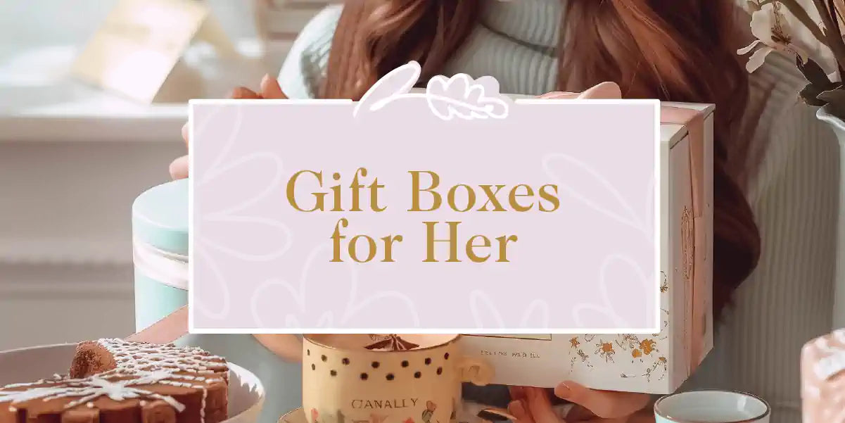 Gift Boxes for Her: Woman Smiling While Unwrapping a Beautifully Packaged Gift Box, Surrounded by Elegant Flowers and Sweets. Fabulous Flowers and Gifts.