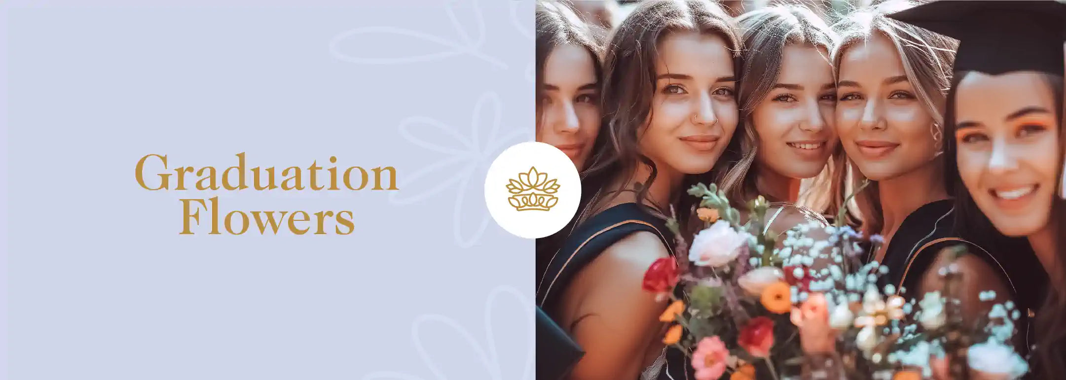 Group of joyful female graduates holding a colourful bouquet of graduation flowers, celebrating their achievement. This image is part of the Fabulous Flowers and Gifts - Graduation Flowers Collection