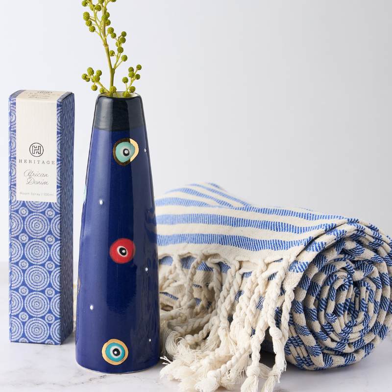 Greek Island Gift set with an eye vase, soft Turkish towel, and room spray. Ideal for creating a relaxing, coastal atmosphere.