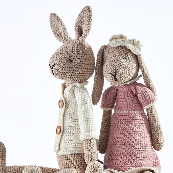 Benedict Bunny Gentleman and Rosie Rabbit Handmade Doll standing together, both handcrafted crochet figures in a beige cardigan and pink dress.