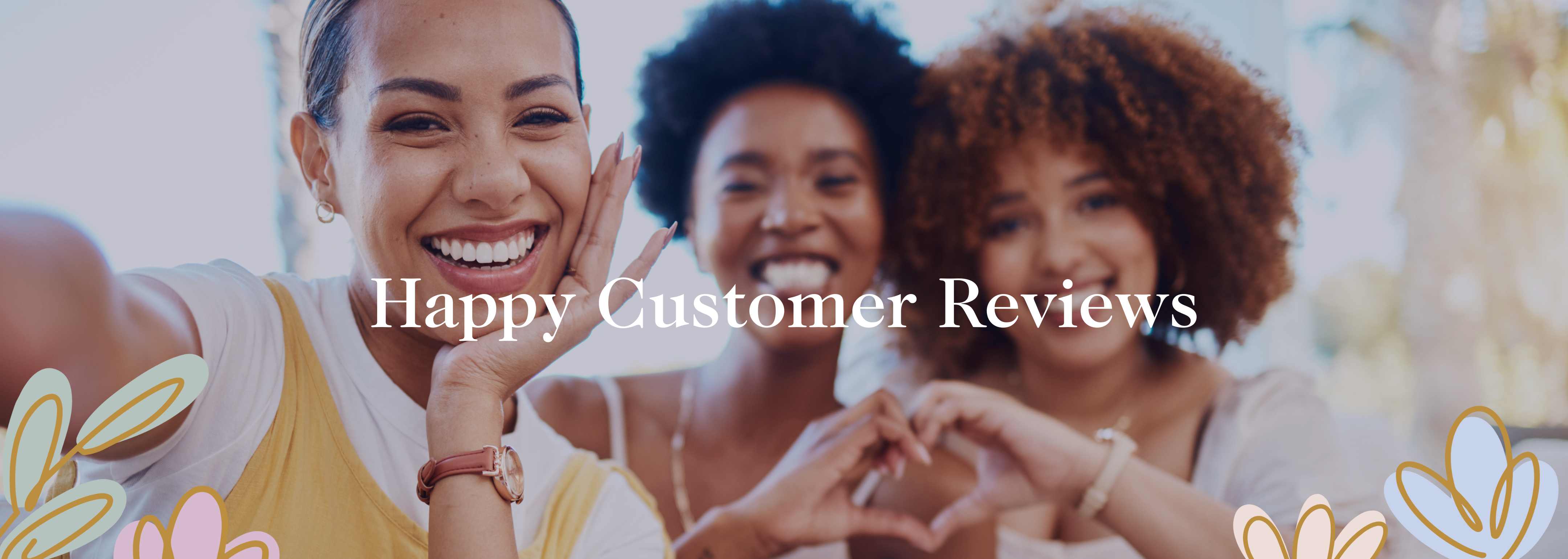 Three smiling women making heart shapes with their hands, representing happy customer reviews for Fabulous Flowers and Gifts.