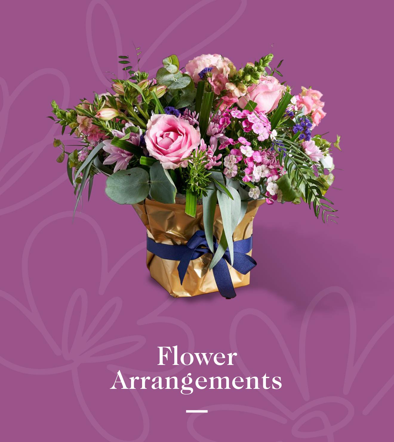 Elegant flower arrangement of pink and purple flowers wrapped in gold paper with a blue ribbon on a purple background. Fabulous Flowers and Gifts. Flower arrangements.