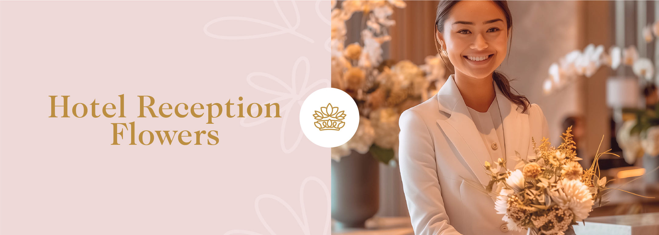 Welcoming hotel receptionist with a radiant smile, holding a bouquet of elegant flowers from the Hotel Reception Flowers Collection, enhancing the warm and inviting atmosphere of the lobby. Available at Fabulous Flowers and Gifts.