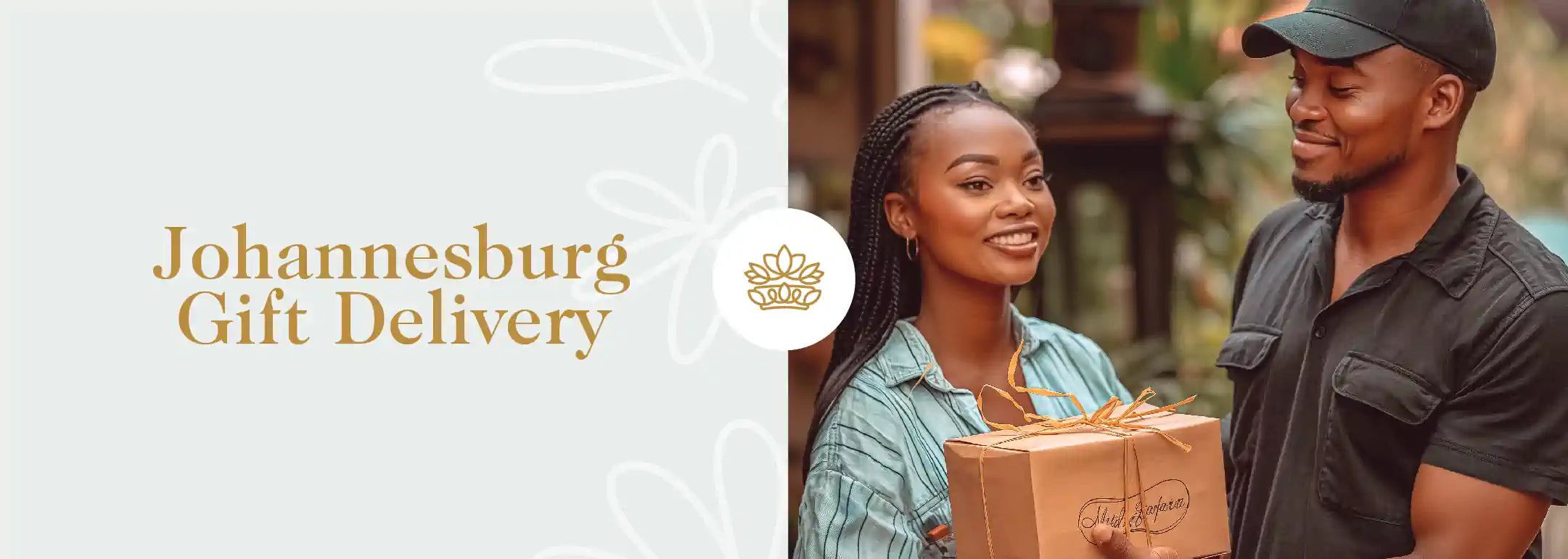 A smiling woman presenting a gift to a man, both dressed casually and standing in a lush, green setting, symbolizing the joy of giving within the Johannesburg Gift Delivery Collection. This image captures the spirit of thoughtful gift-giving in an urban environment. Fabulous Flowers and Gifts.