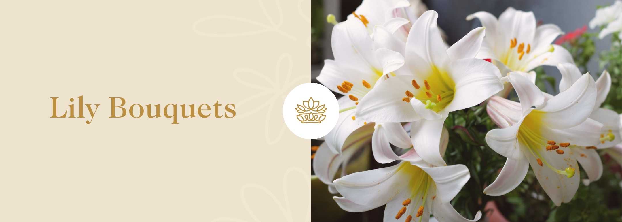 Banner displaying an elegant Lily Bouquets arrangement, featuring pristine white lilies with prominent stamens and lush greenery, emblematic of purity and grace, set against a stylish backdrop with the logo 'Lily Bouquets'.