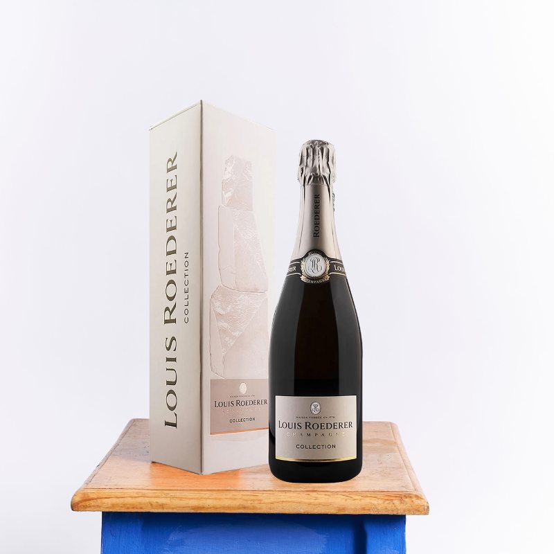 Louis Roederer Champagne bottle from the Collection series, elegantly displayed with matching premium packaging on a wooden table.