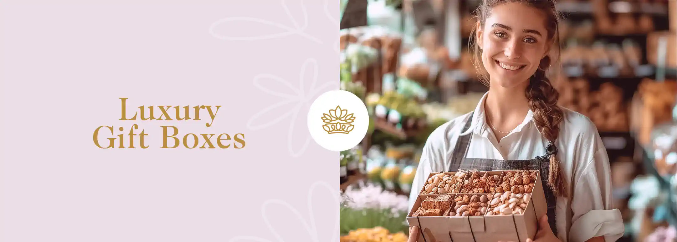 A smiling woman holding a luxury gift box filled with assorted nuts, perfect for 'Luxury Gift Boxes'. Fabulous Flowers and Gifts - Luxury Gift Boxes