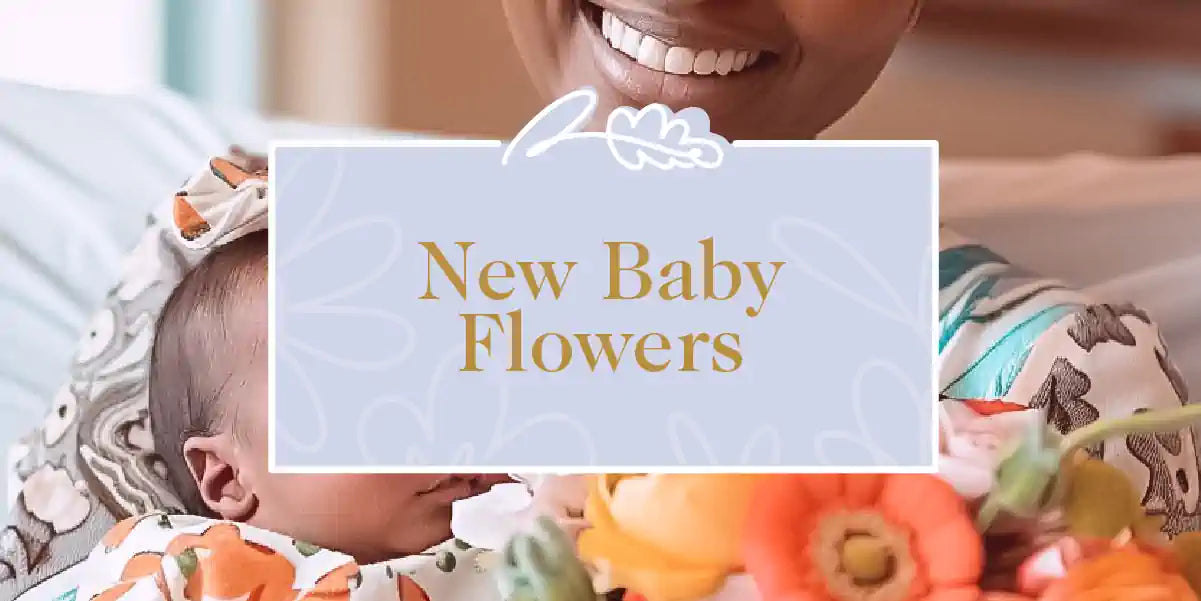 A happy mother holding a beautiful newborn and a vibrant bouquet of flowers. Fabulous Flowers and Gifts - New Baby Flowers