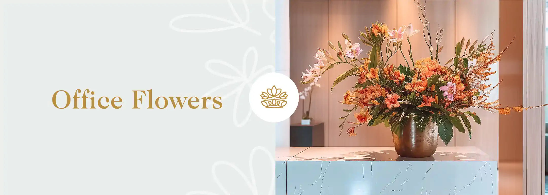 An elegant office space with a stylish flower arrangement on a sleek counter. Fabulous Flowers and Gifts - Office Flowers