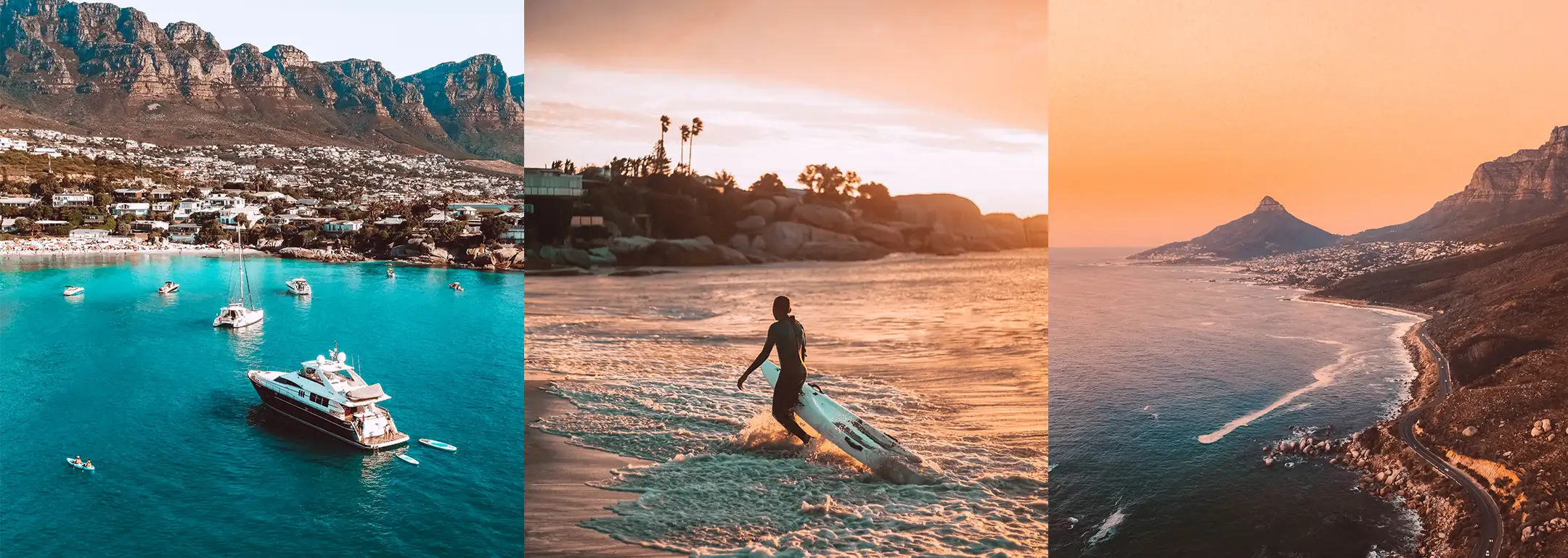 Three scenes: yachts in turquoise water with mountains in the background, surfer at sunset, and coastal road at dusk. Fabulous Flowers and Gifts. Cape Town.