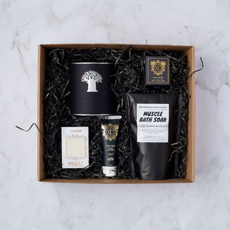 Recharge Pamper Gift Set featuring muscle bath soak, scented candle, hand cream, artisan soap, and luxurious packaging.