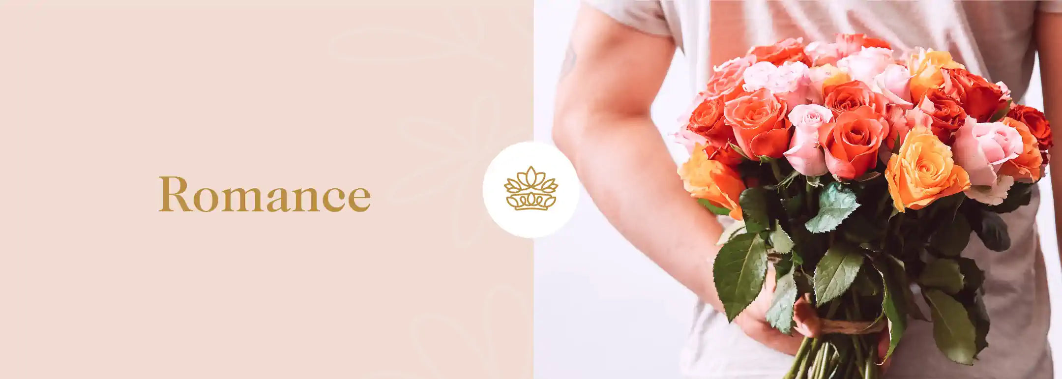 A vibrant mix of roses in shades of pink, orange, and coral cradled in a loving embrace, encapsulating the essence of romance, accompanied by a flower crown emblem - Fabulous Flowers and Gifts.