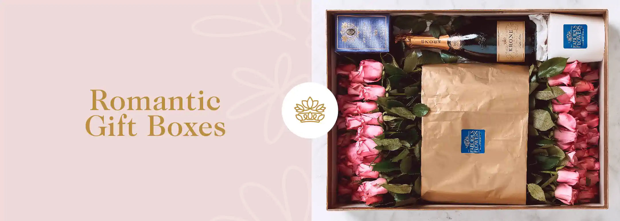 A gift box filled with pink roses, champagne, and other romantic items. Fabulous Flowers and Gifts - Romantic Gift Boxes
