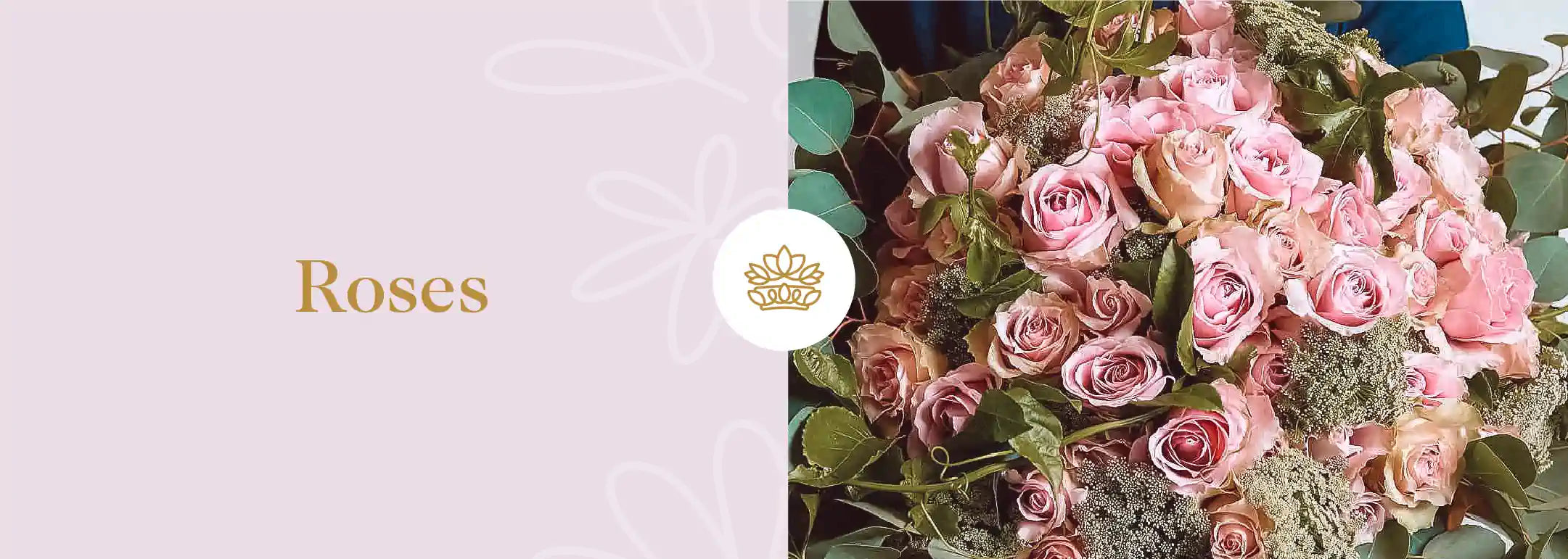 An exquisite bouquet of blush and pastel pink roses, nestled amongst verdant foliage and delicate filler flowers, titled 'Roses' with a flower crown emblem - Fabulous Flowers and Gifts.