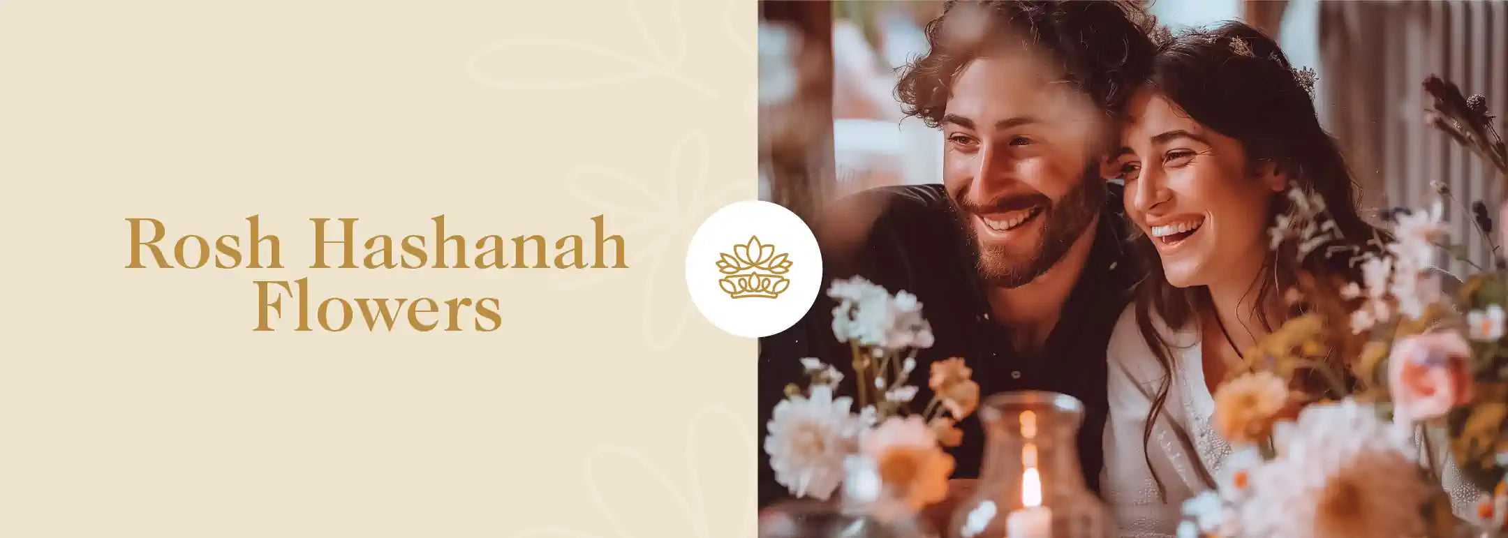 A couple sharing a joyous moment surrounded by delicate Rosh Hashanah flowers, celebrating tradition with warmth and smiles, embodying the spirit of Fabulous Flowers and Gifts.