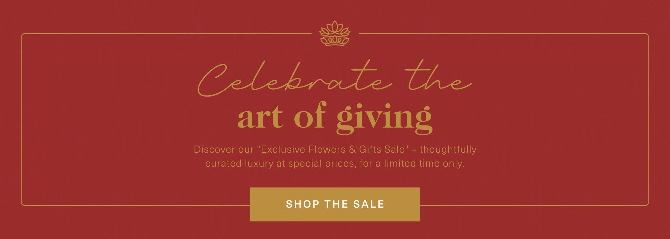 Celebrate the art of giving banner in red and gold, featuring the exclusive flowers and gifts sale by Fabulous Flowers & Gifts.