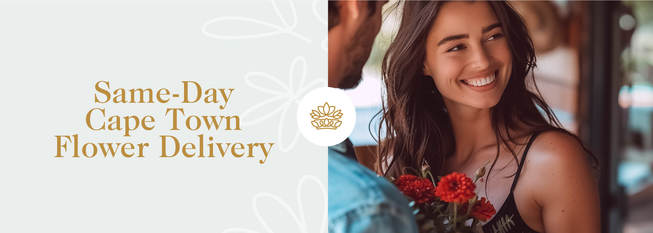 A woman smiling and holding a bouquet of flowers while talking to a man. Fabulous Flowers and Gifts - Same-Day Cape Town Flower Delivery