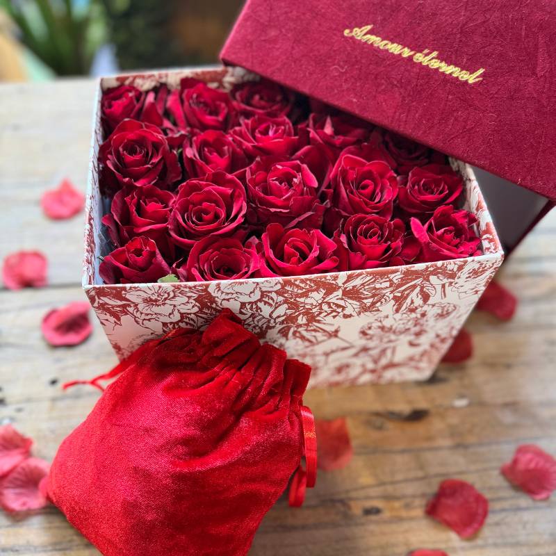 Scarlet Sonnets gift box showcasing vivid red roses in an elegant floral-patterned box, accompanied by a red velvet pouch - Fabulous Flowers & Gifts.