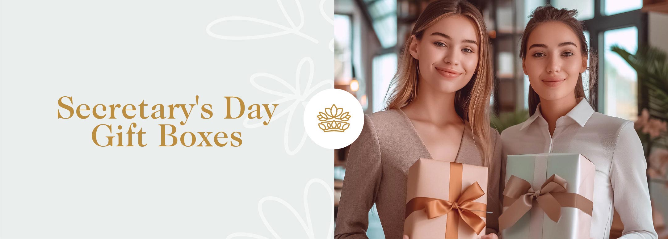 Two professional women smiling while holding elegant gift boxes, celebrating Secretary's Day in an office environment. Secretary's Day Gift Boxes Collection by Fabulous Flowers and Gifts.
