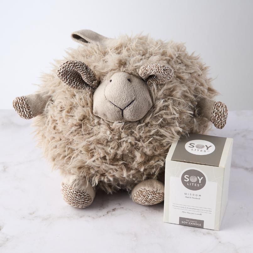 Shleep Time with Baby Boy Gift Set with a plush brown sheep and Soy Lites Wisdom candle, arranged on a white surface.