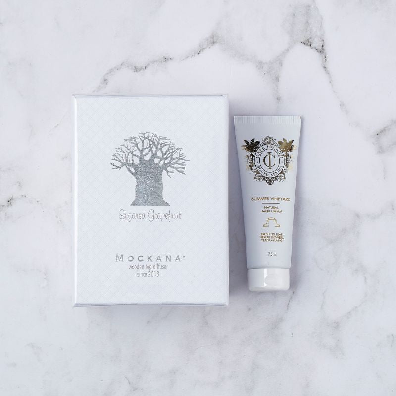 Mockana sugared grapefruit diffuser and Cape Island Summer Vineyard hand cream in elegant packaging.