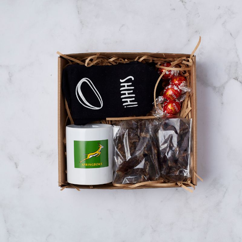 Springbok Snack Surprise Gift Box with socks, biltong, and Springbok mug.