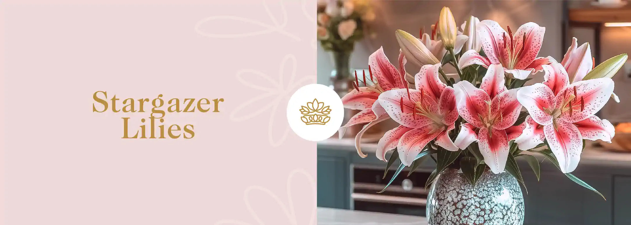 A stunning bouquet of Stargazer Lilies in a decorative vase on a kitchen counter. Fabulous Flowers and Gifts - Stargazer Lilies