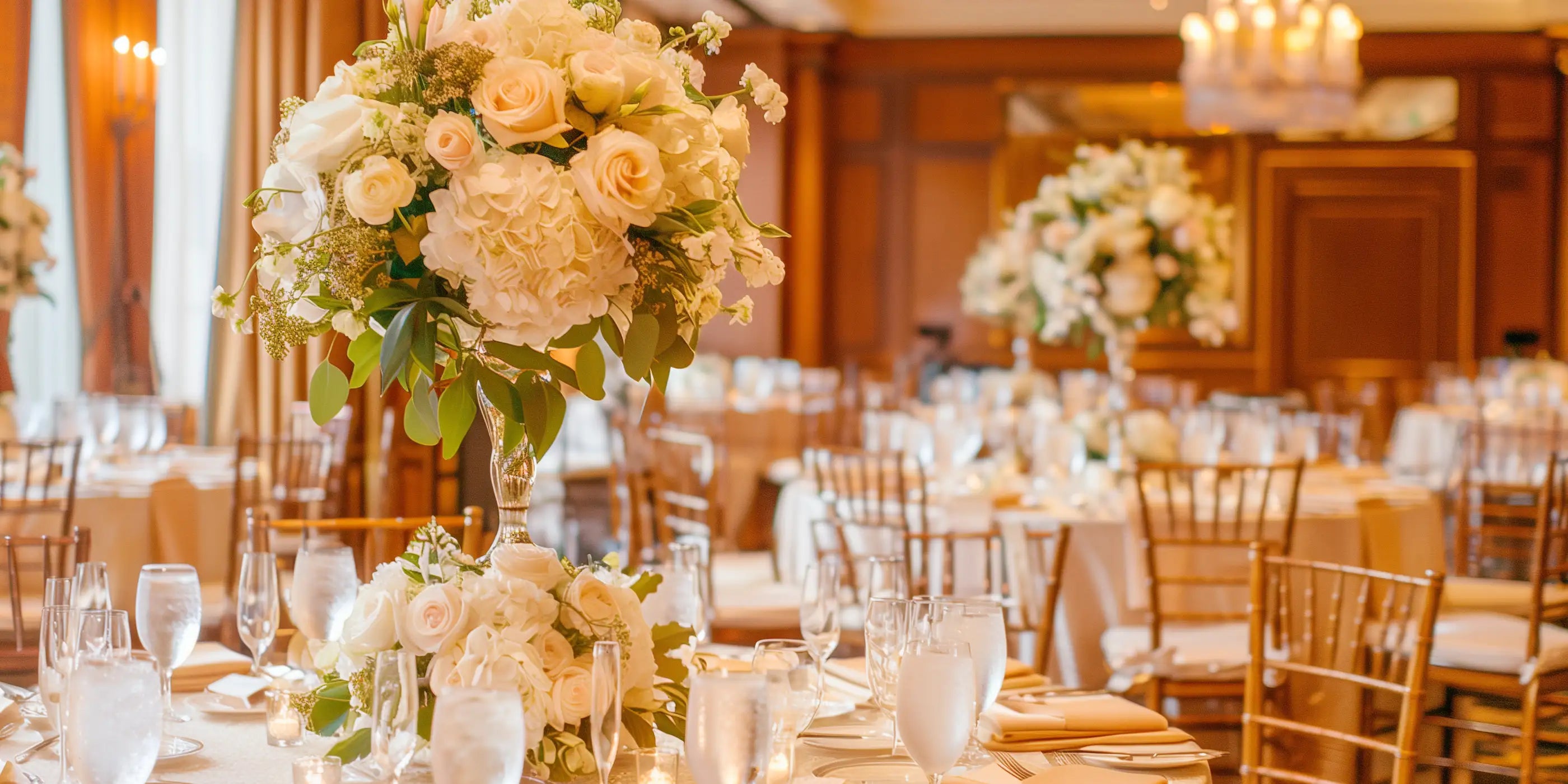 Elegant wedding reception with tall floral centrepieces featuring white roses and hydrangeas, highlighting Fabulous Flowers' commitment to sustainability and exquisite event design. Fabulous Flowers and Gifts.