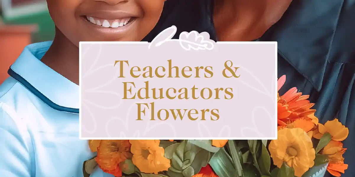 A close-up of a teacher holding a bright bouquet of flowers next to a smiling student. Fabulous Flowers and Gifts - Teachers & Educators Flowers