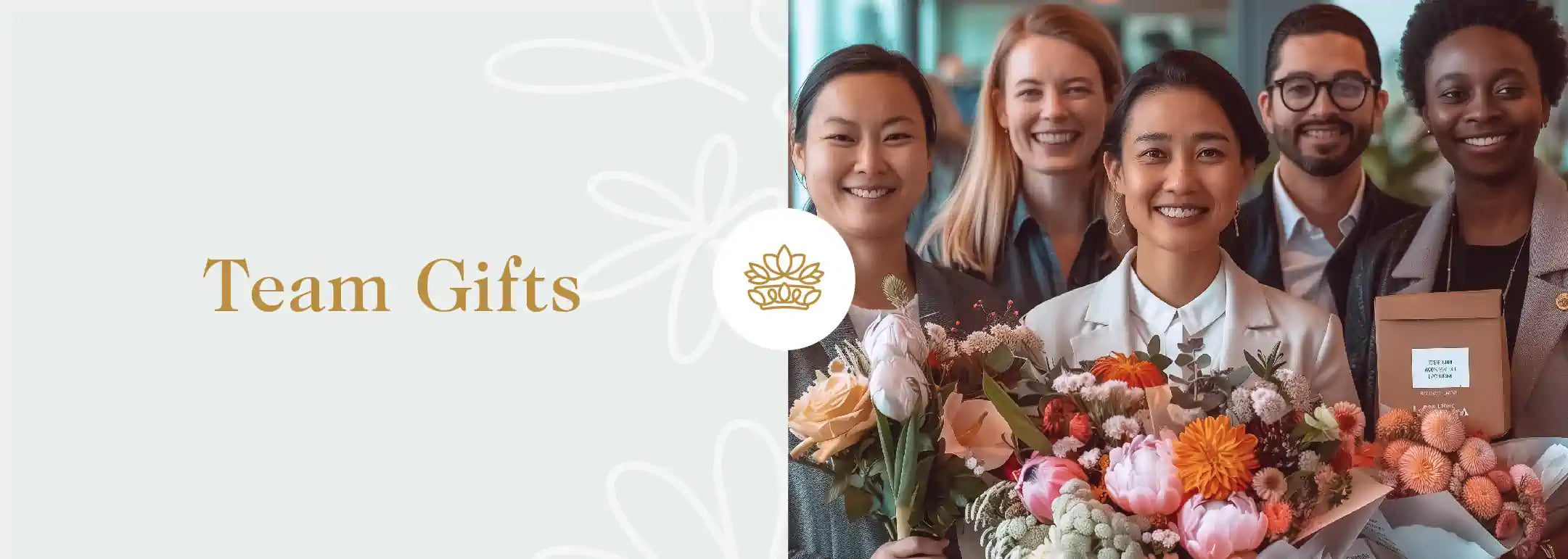 A diverse group of colleagues smiling and holding beautiful flower bouquets and gift boxes, celebrating teamwork and appreciation. Team Gifts Collection by Fabulous Flowers and Gifts.