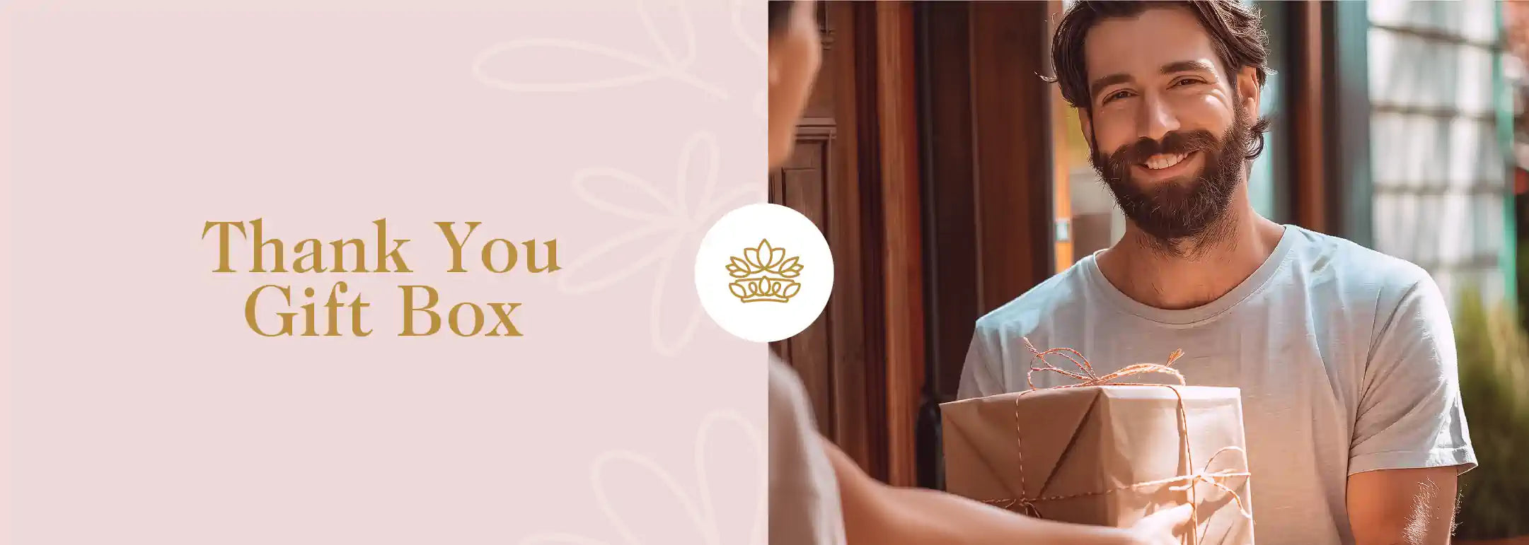 A smiling man with a beard receiving a beautifully wrapped thank you gift box at his doorstep, surrounded by a warm, sunlit setting. Thank You Gift Boxes Collection by Fabulous Flowers and Gifts.