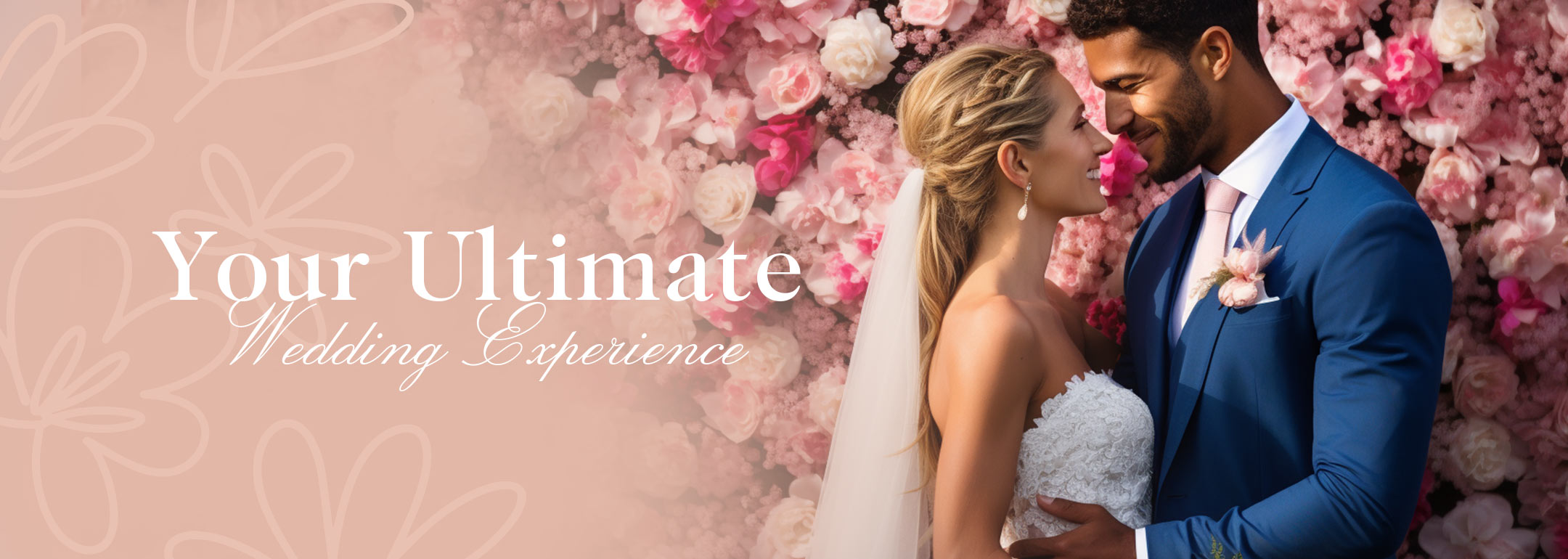 A bride and groom smiling at each other, surrounded by pink and white flowers, with the text 'Your Ultimate Wedding Experience' overlayed. Weddings at Fabulous Flowers and Gifts.