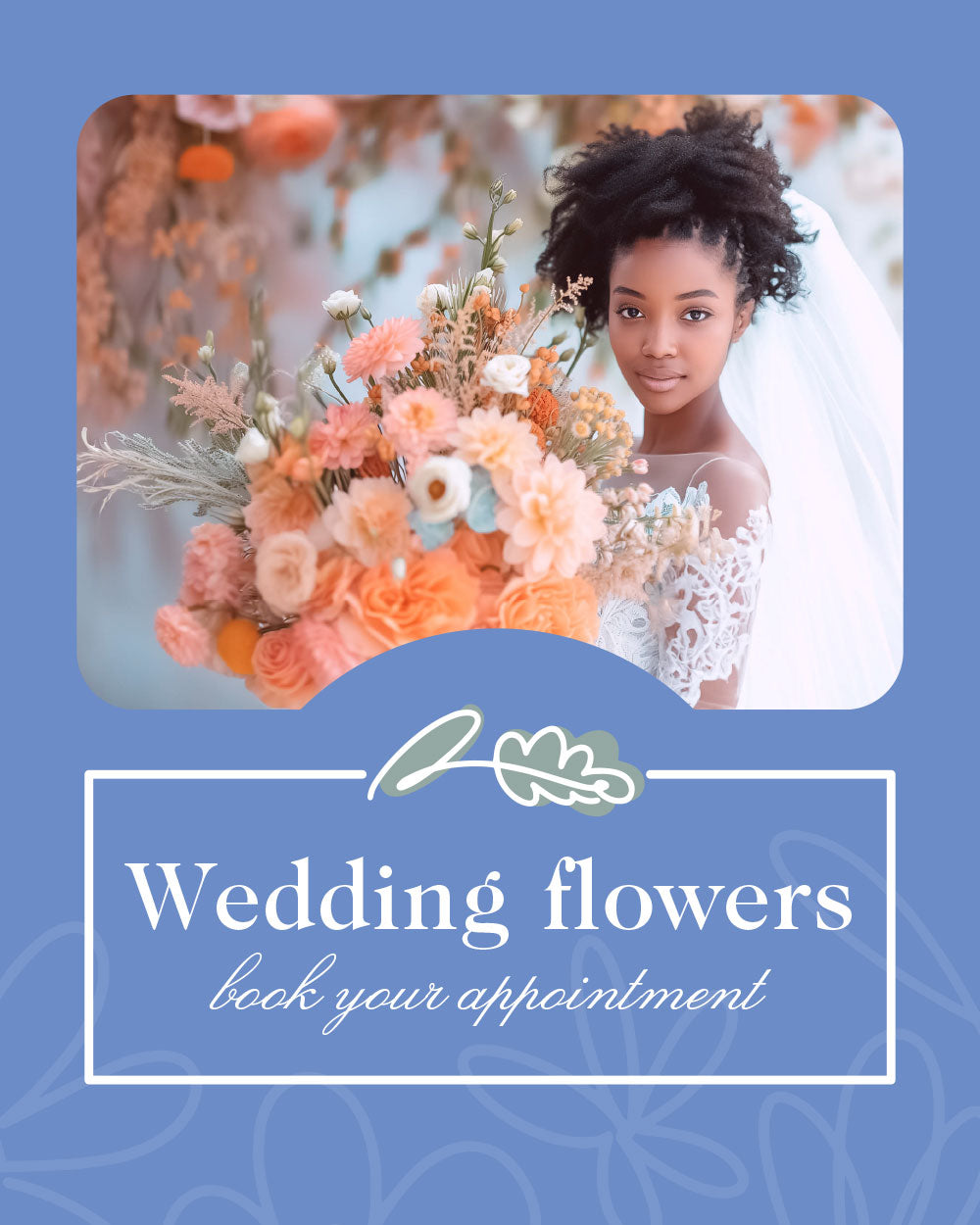 A beautiful bride holding a large bouquet of pastel-coloured flowers with the text 'Wedding flowers, book your appointment' overlayed. Weddings at Fabulous Flowers and Gifts.