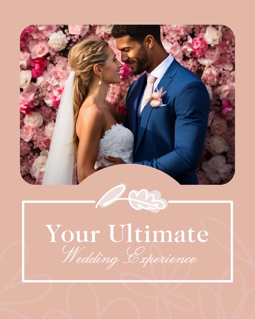 A bride and groom smiling at each other, surrounded by pink and white flowers, with the text 'Your Ultimate Wedding Experience' overlayed. Weddings at Fabulous Flowers and Gifts.