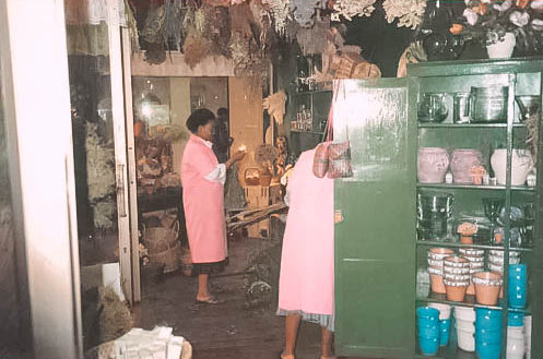 nside Josie van Aswegen's old shop at Fabulous Flowers and Gifts, featuring employees in pink uniforms and shelves filled with pottery and floral supplies