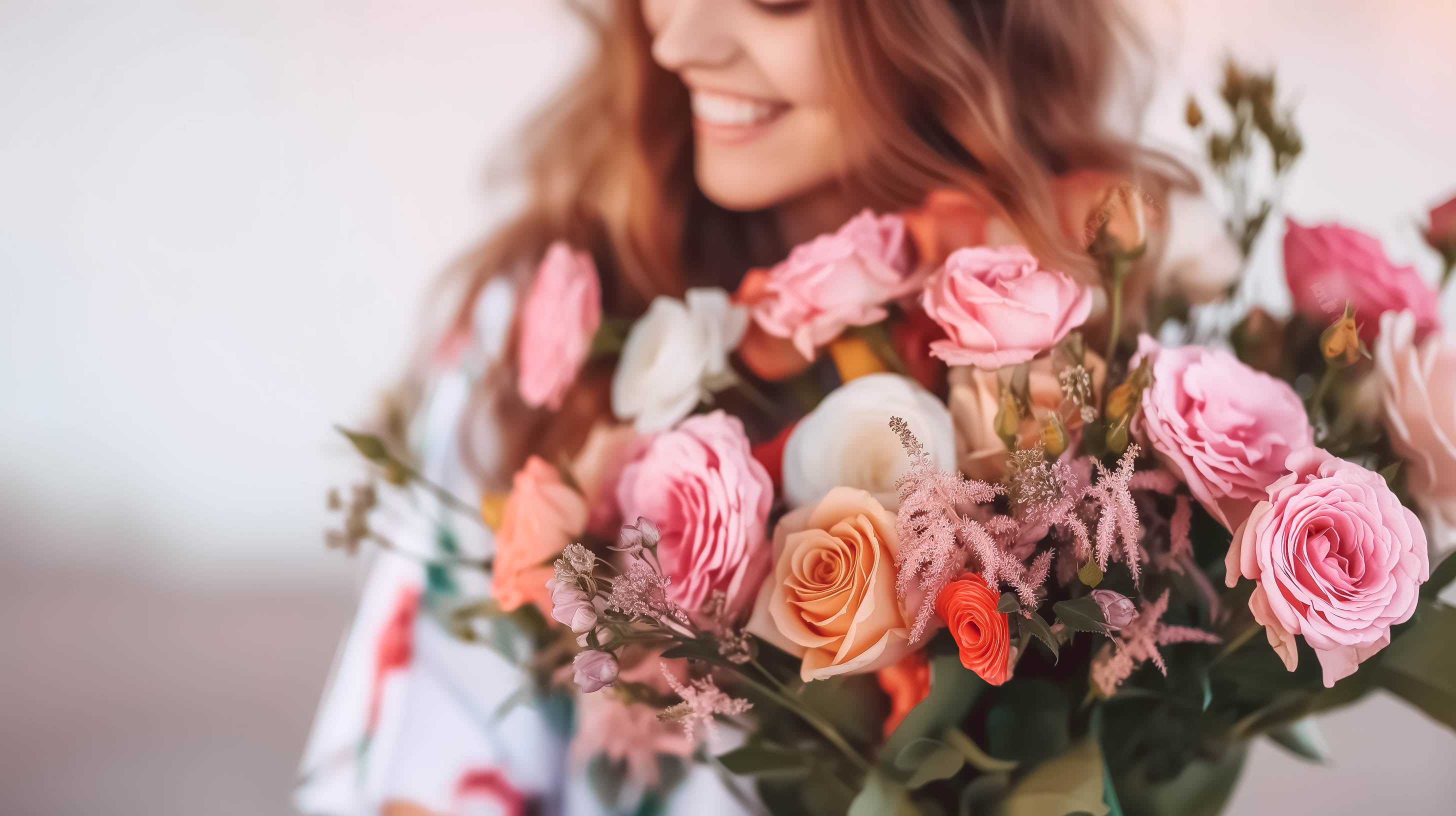 Smiling woman holding a bouquet of mixed flowers with a text overlay inviting to shop the full range. Fabulous Flowers and Gifts. Shop All Fabulous Flowers and Gifts.