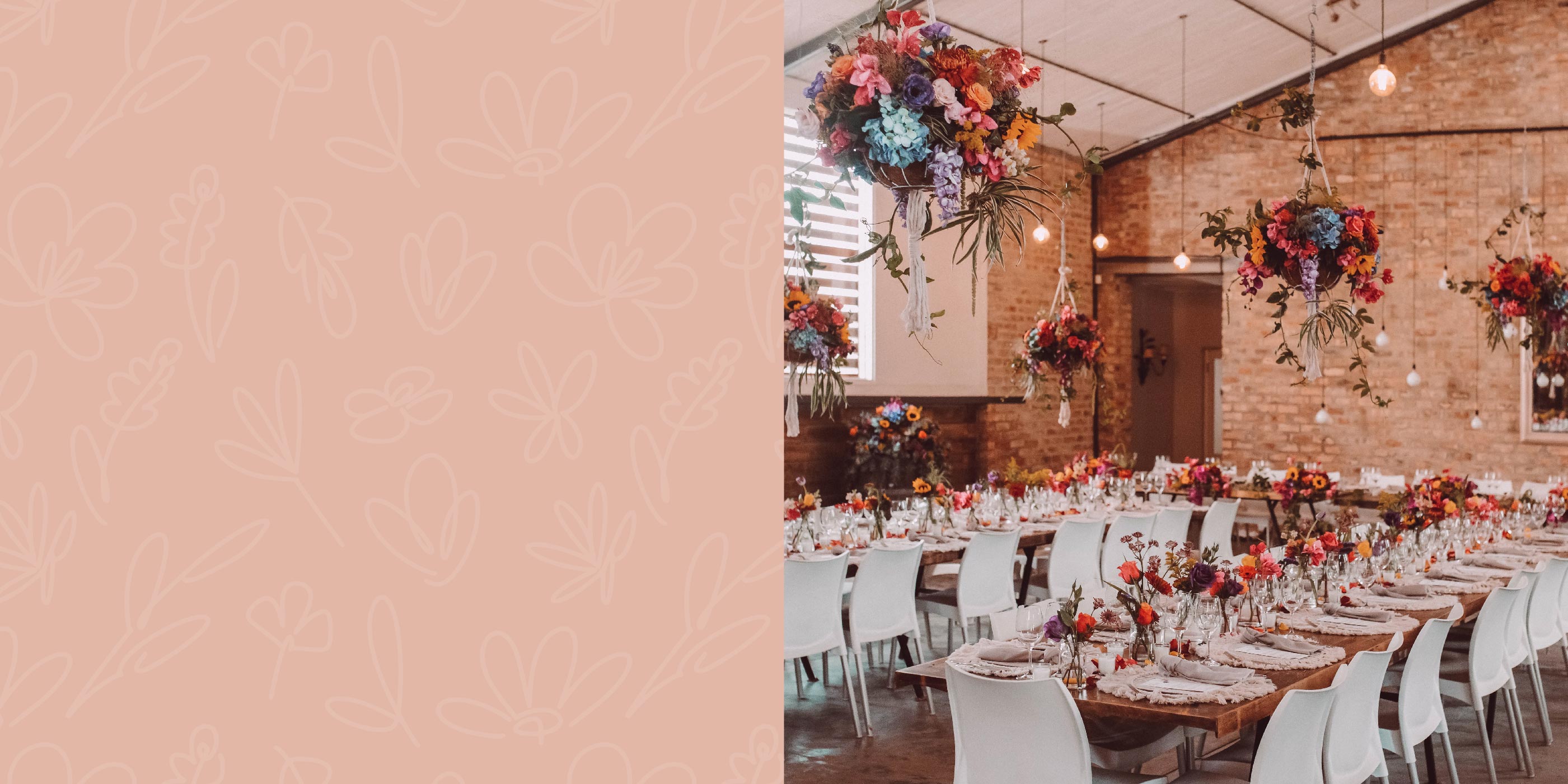 Beautifully decorated wedding venue with hanging floral arrangements and elegant table settings at Fabulous Flowers and Gifts, perfect for weddings, events, and corporate gifting.