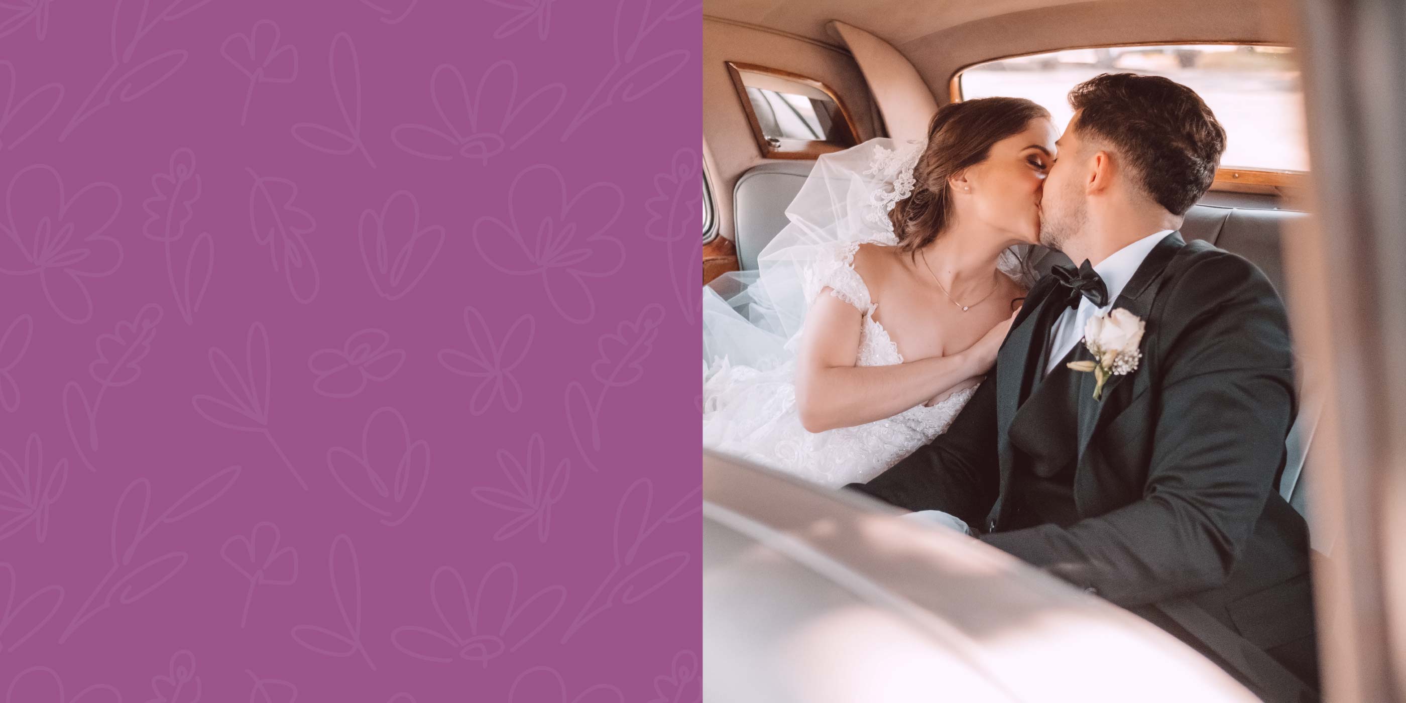 Bride and groom share a kiss in the back of a classic car, showcasing their love on their special day. Weddings. Fabulous Flowers and Gifts.